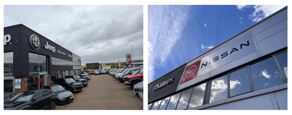A collage of the Thames exterior signage, including Jeep and Nissan.